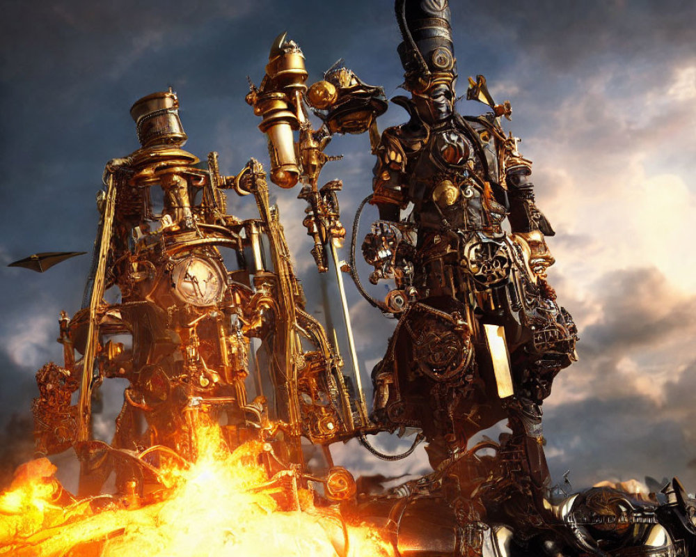 Steampunk robot with gears, clocks, and pipes surrounded by flames and dramatic sky