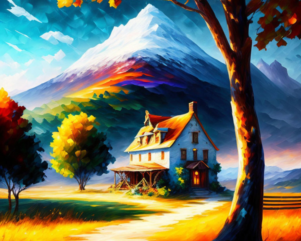 Colorful Painting of Cozy House by Mountain with Autumn Tree