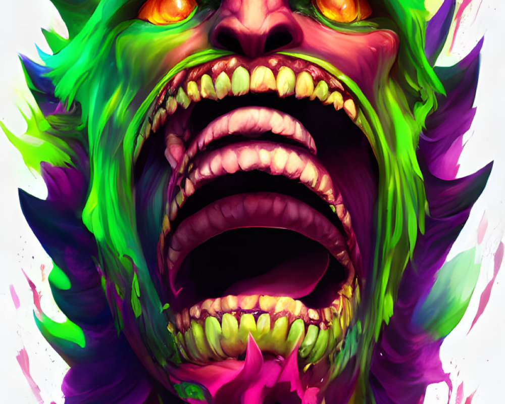 Vibrant roaring creature with exaggerated fangs in green, purple, and yellow hues