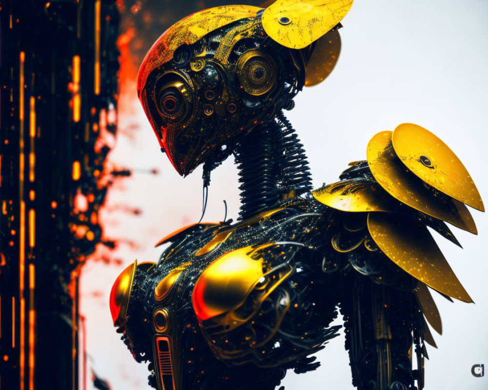 Detailed mechanical bird with yellow and black color scheme and intricate gears.