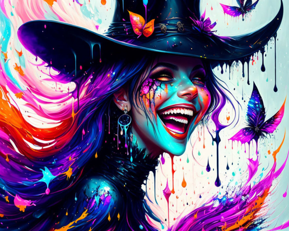 Colorful artwork of a laughing woman in a witch's hat with butterflies, whimsical design