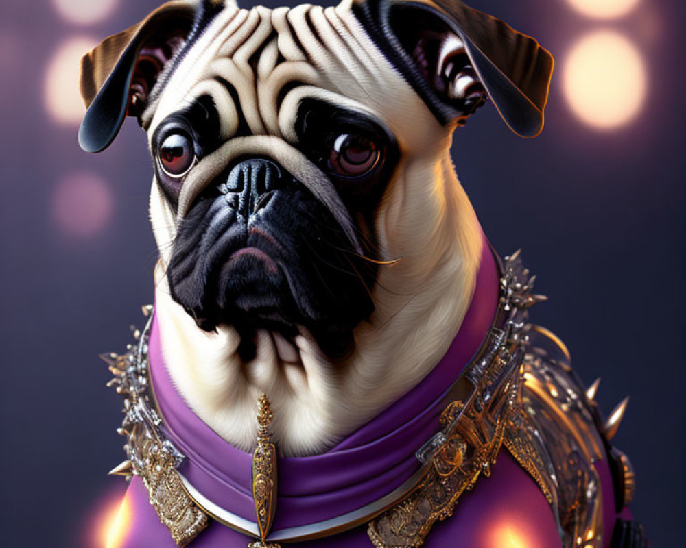 Digital image of a pug in golden armor and purple cloak on bokeh background