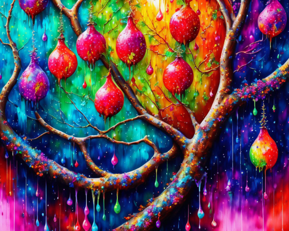 Colorful painting of whimsical tree with multicolored leaves and surreal fruits on blue and orange backdrop