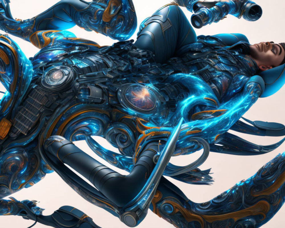 Futuristic female android in blue and black armor with swirling energy and mechanical tendrils