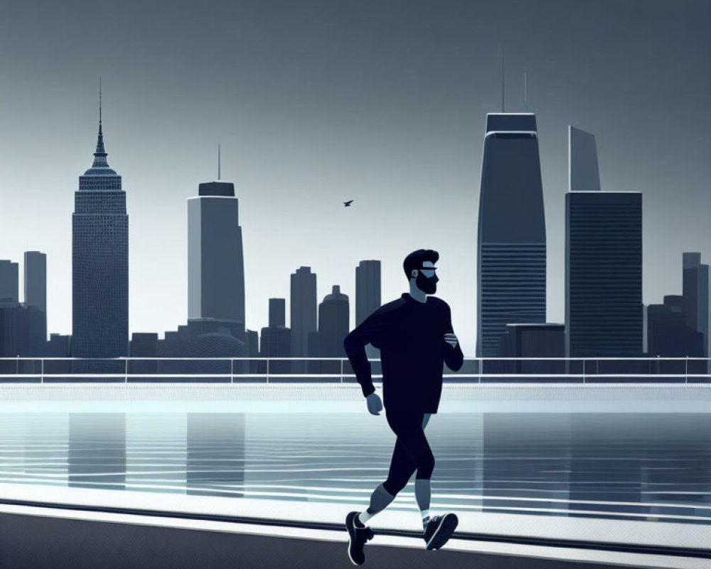 Man jogging by waterfront with city skyline and birds in gradient sky