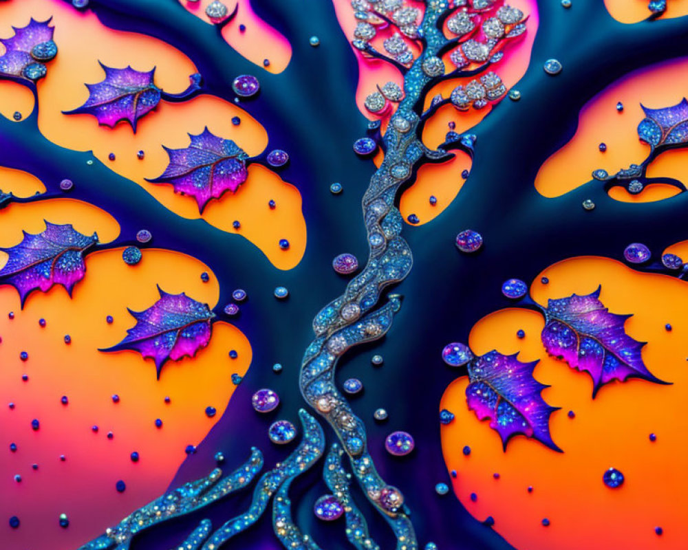 Vibrant abstract art: Fluid tree-like design with sparkling spheres on blue-orange gradient