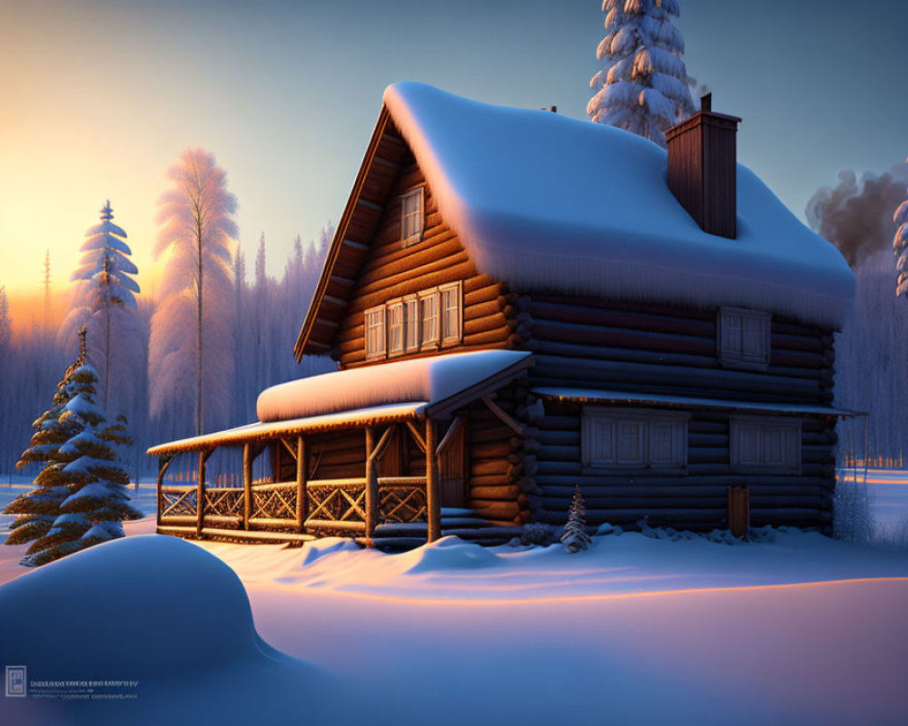 Snowy Winter Scene: Cozy Cabin Among Frosty Trees