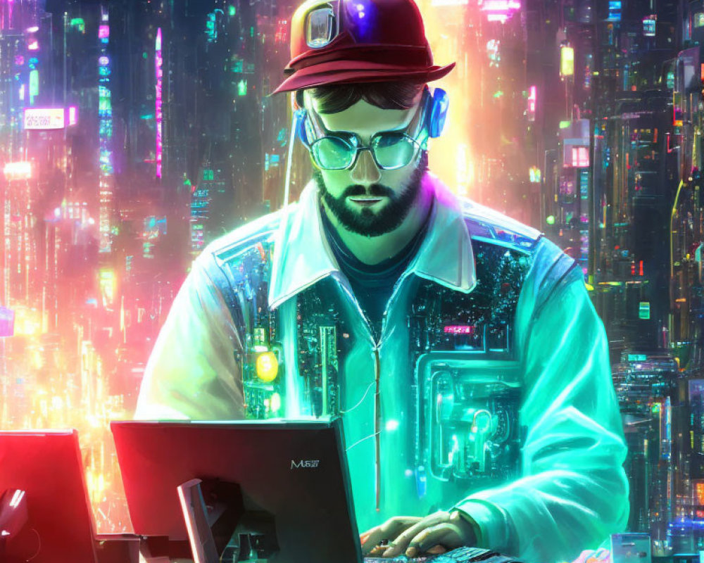 Man with Cap and Glasses Working on Laptop in Neon-lit Futuristic Cityscape