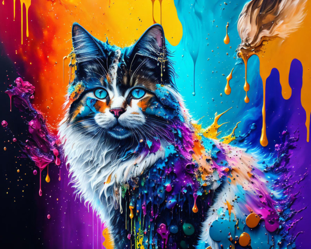 Colorful Cat Artwork with Dripping Paint on Vibrant Backdrop