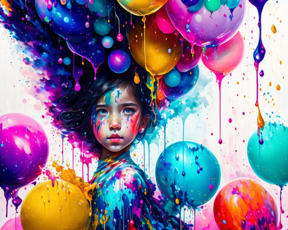 Colorful painting of a child with paint splashes and balloons