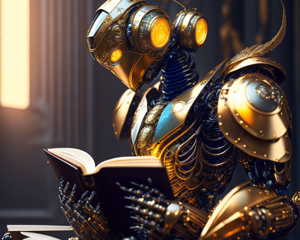 Detailed humanoid robot in golden armor reading book in industrial setting