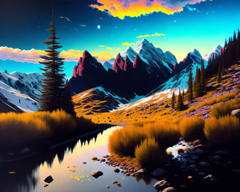 Colorful digital artwork of serene mountain landscape at dusk