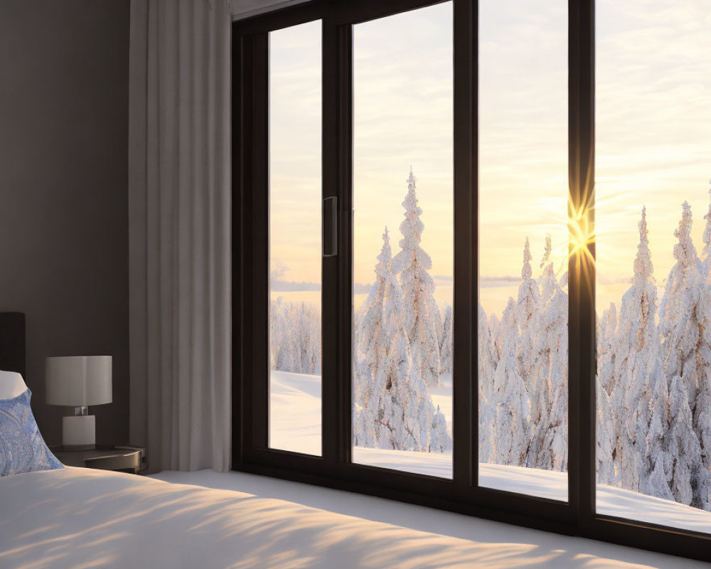 Cozy Bedroom Interior with Large Window and Winter Sunrise View