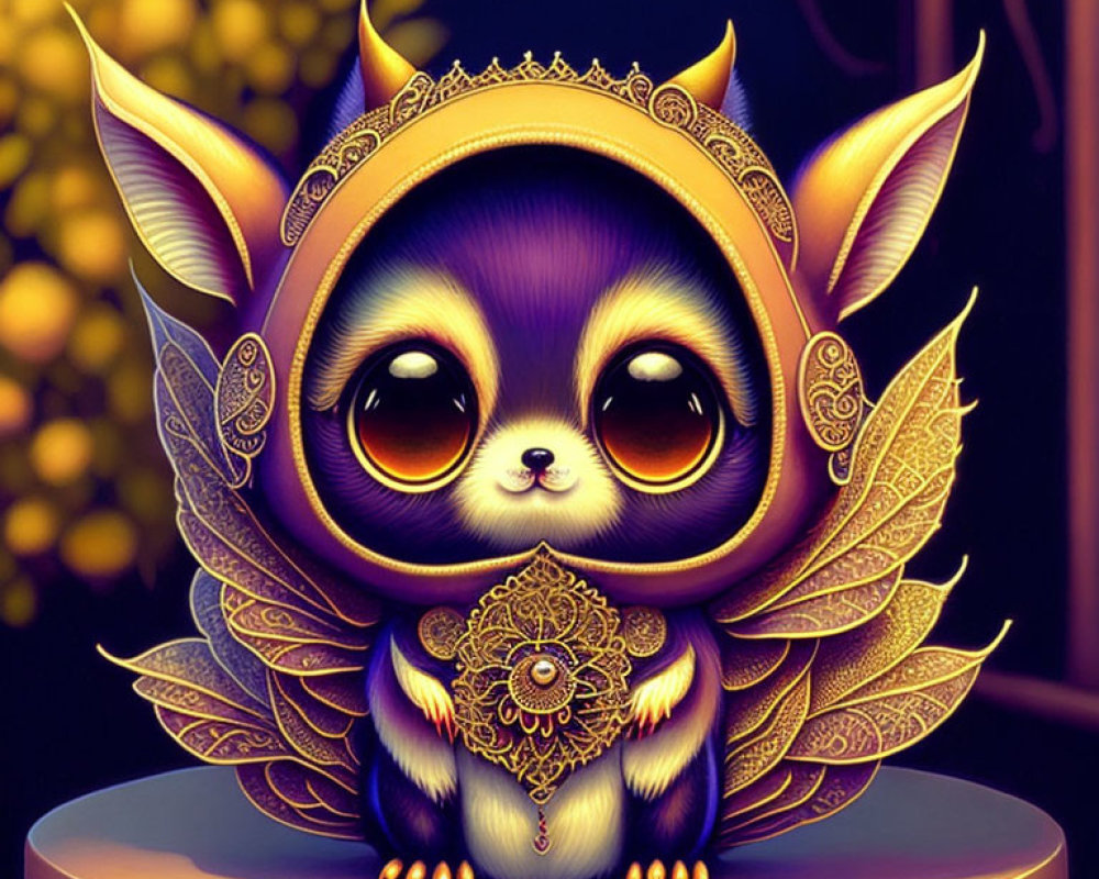 Whimsical creature with large eyes and golden wings on pedestal