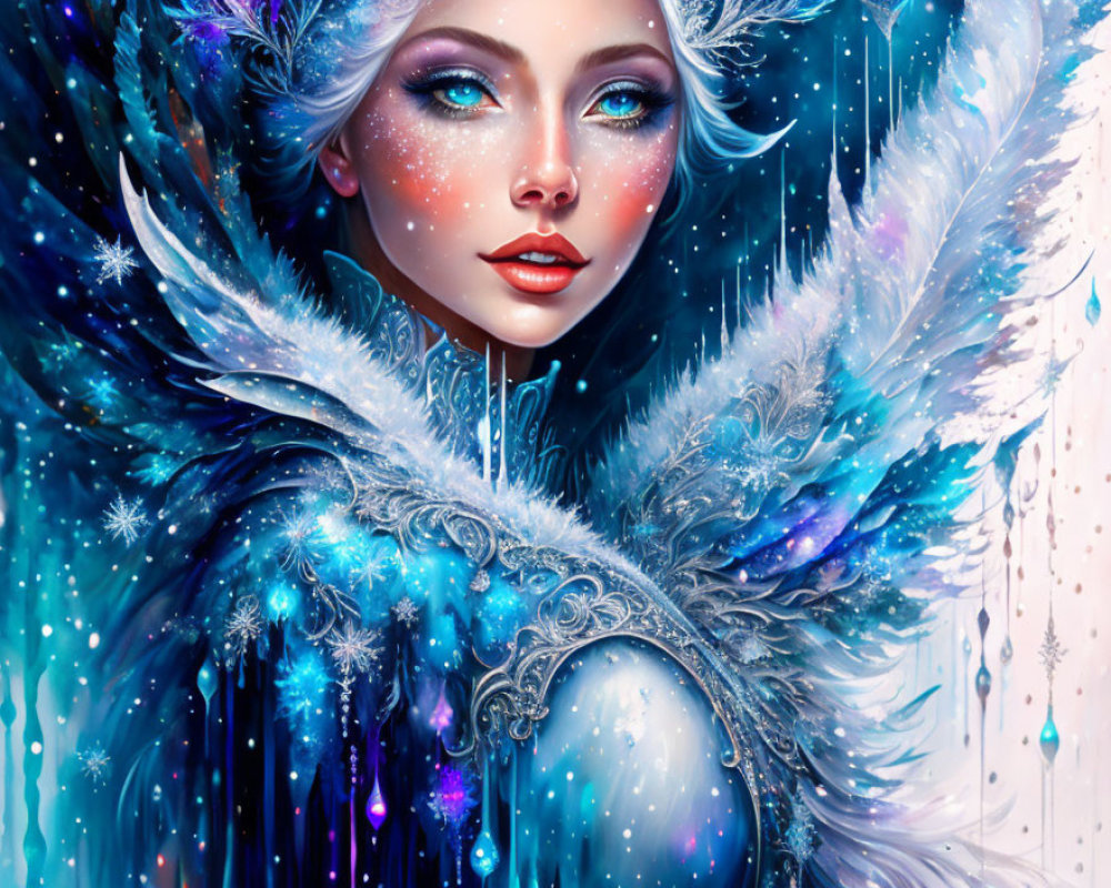 Fantastical woman with frosty blue feathers and icy allure.