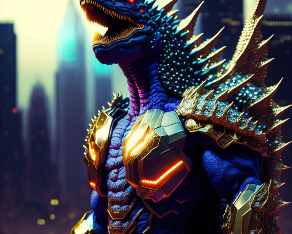 Futuristic armored creature with red eyes in city backdrop