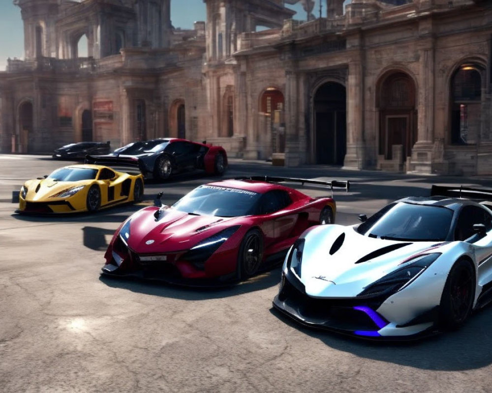 Three high-performance sports cars in front of classical building with grand architecture