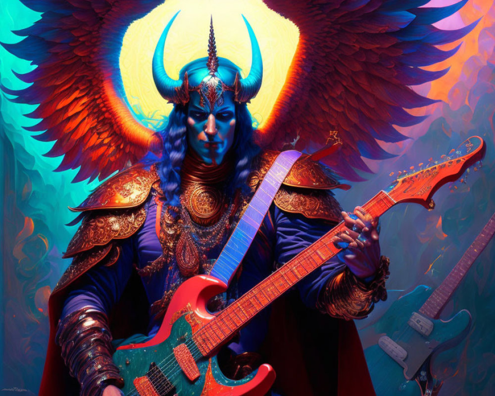 Mythic figure with blue skin holding electric guitar and fiery wings