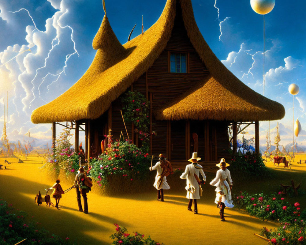 Whimsical Thatch-Roofed House with Victorian Figures and Glowing Orbs