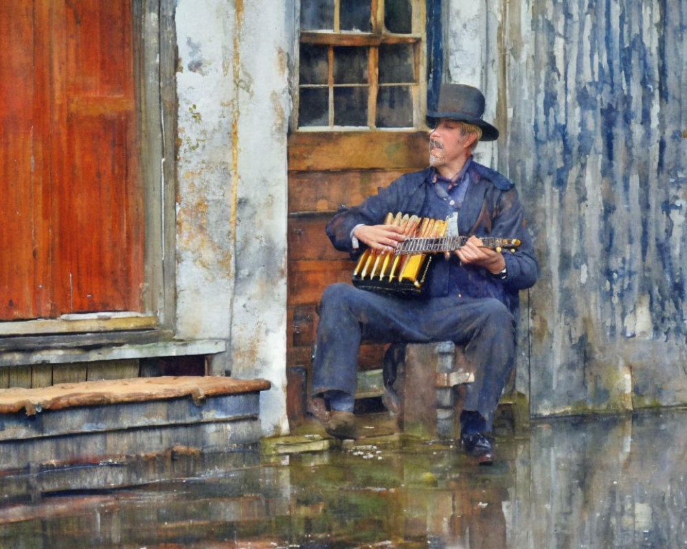 Accordion player in hat near wooden door with reflections on wet ground