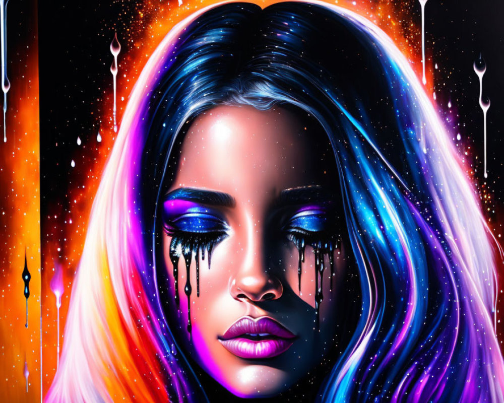 Vibrant digital portrait of a woman with blue and pink hair on cosmic backdrop