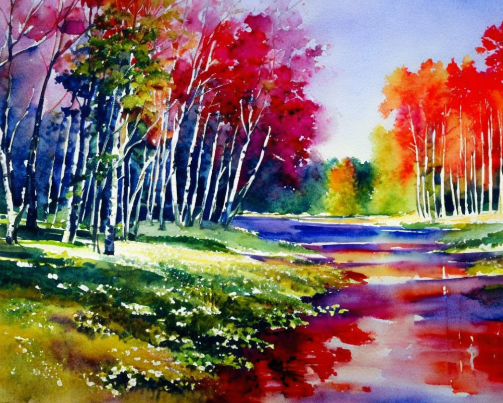 Serene forest landscape with river in vibrant watercolor