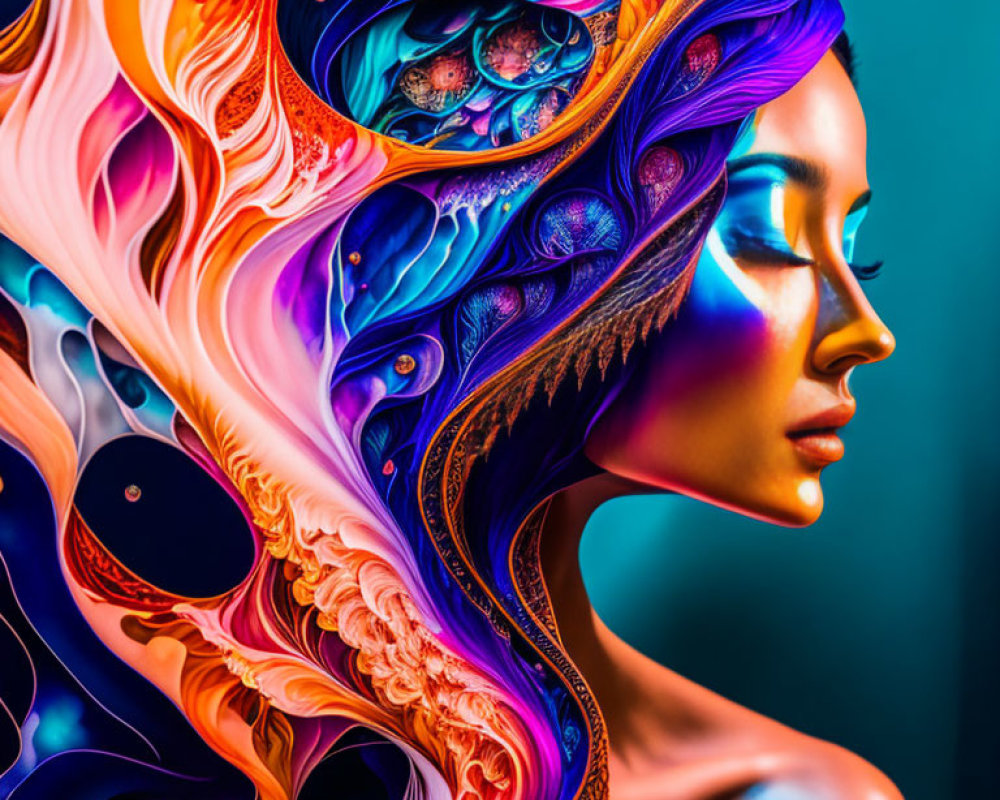 Colorful Abstract Digital Art: Woman's Profile with Vibrant Waves