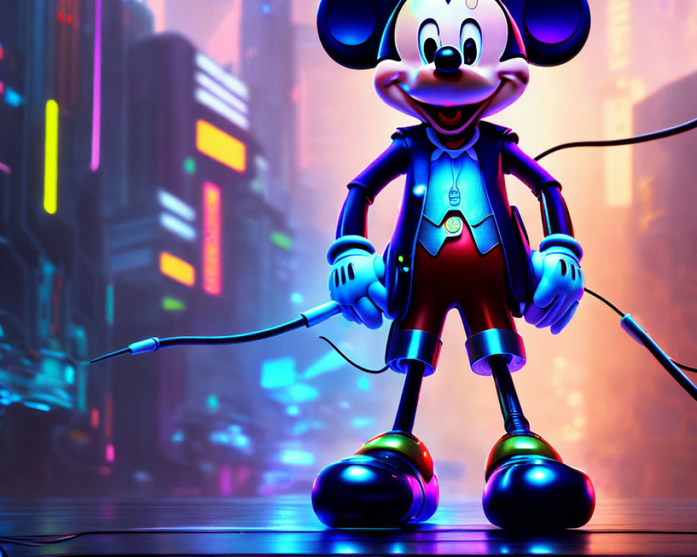 Futuristic cityscape with Mickey Mouse in neon lights