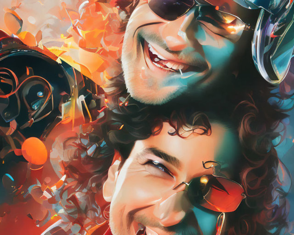 Colorful digital artwork of two men in party attire smiling, one above the other, with confetti