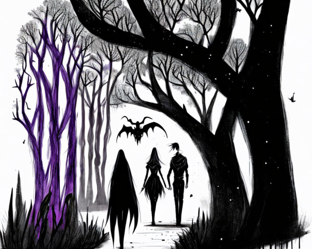 Monochrome fantasy landscape with silhouetted figures walking into a forest under a bat-filled sky.