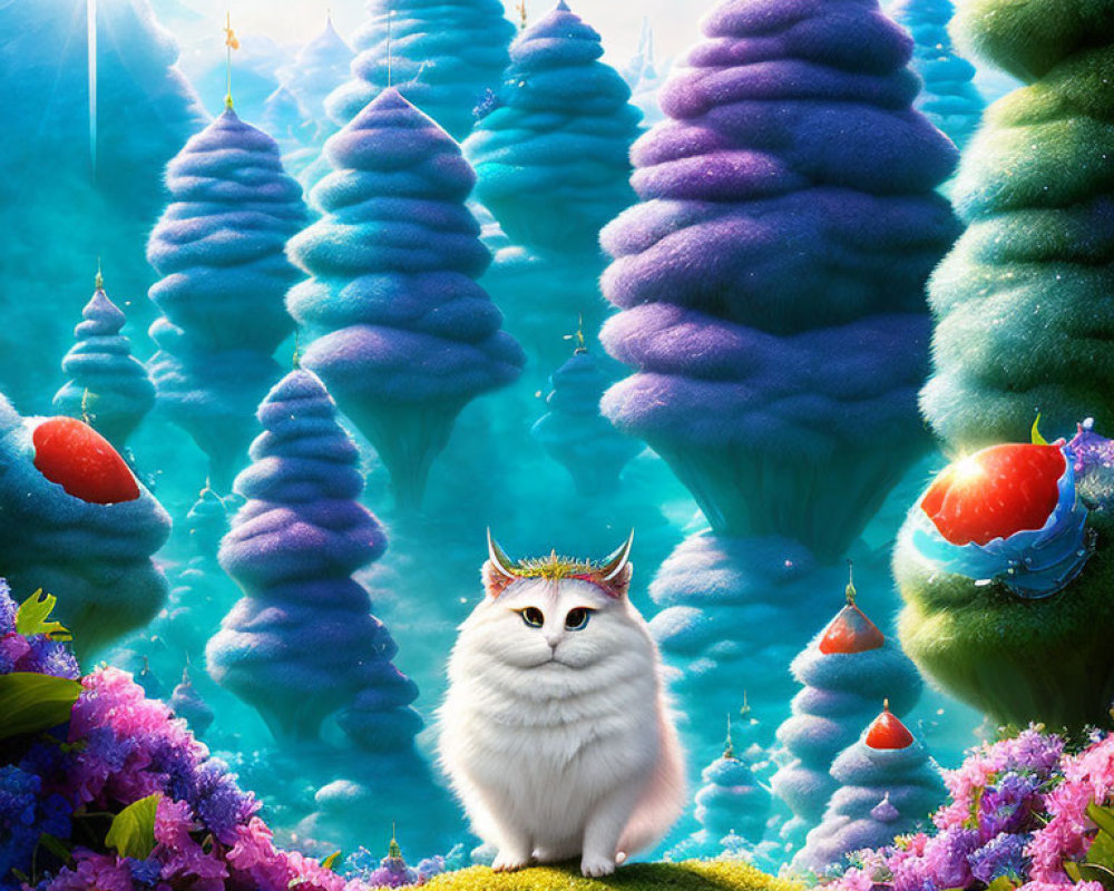 Fluffy white cat with crown in fantasy landscape with purple trees and colorful flowers