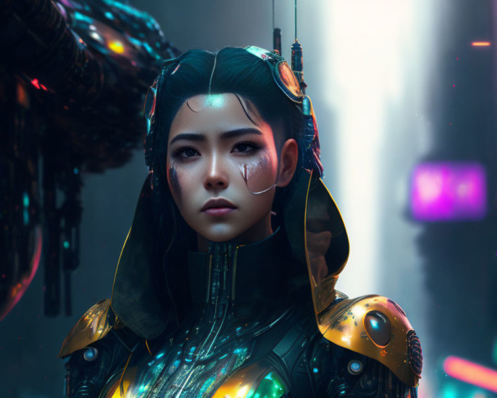 Futuristic female in cybernetic suit and headset in neon-lit cityscape