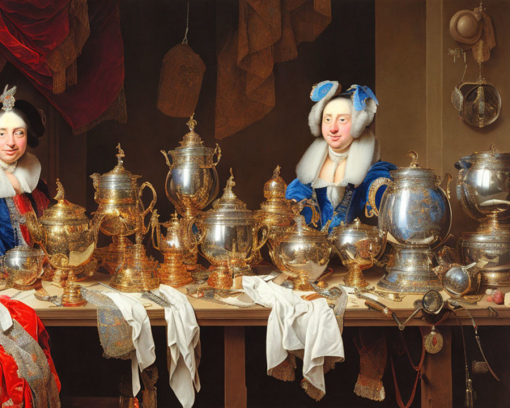 Historical attire individuals with ornate silver tableware and draped curtain