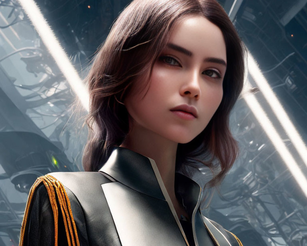 Detailed CG portrait of a woman with brown hair in futuristic black uniform against mechanical backdrop.