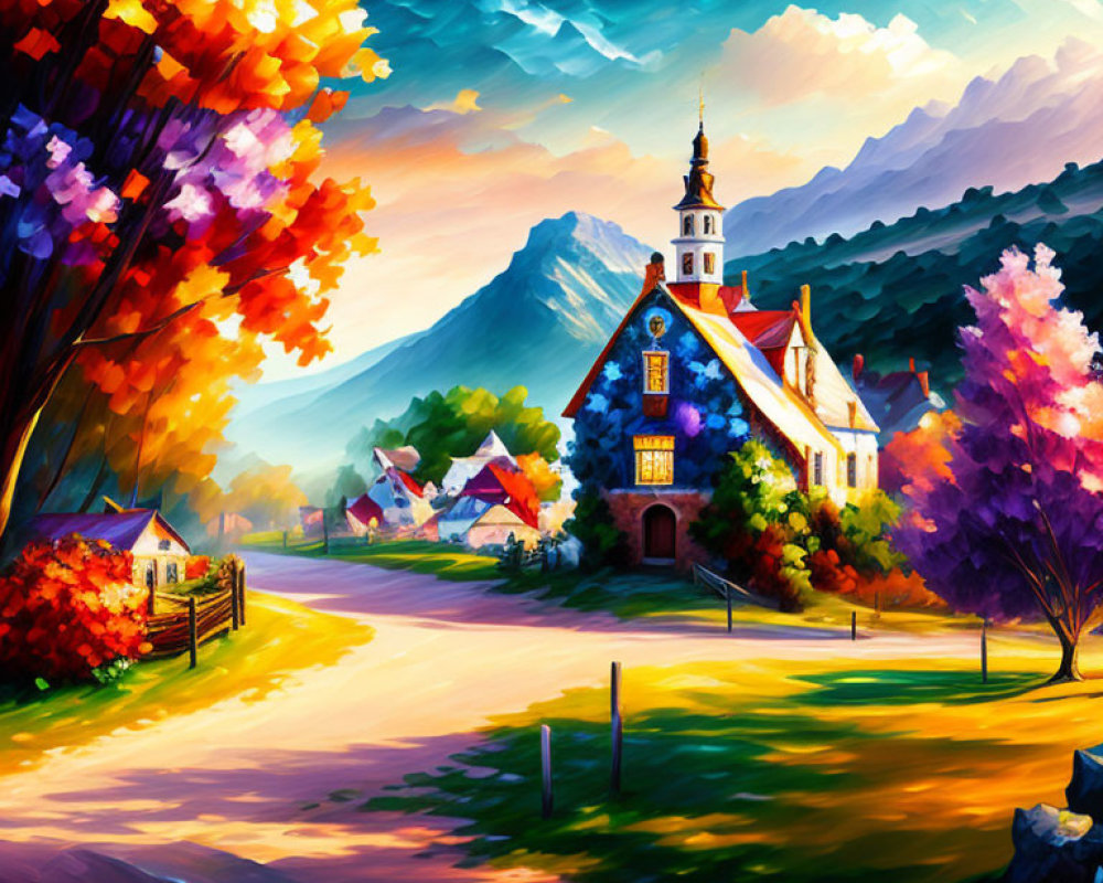 Colorful Painting: Church in Autumn Village with Mountain Backdrop