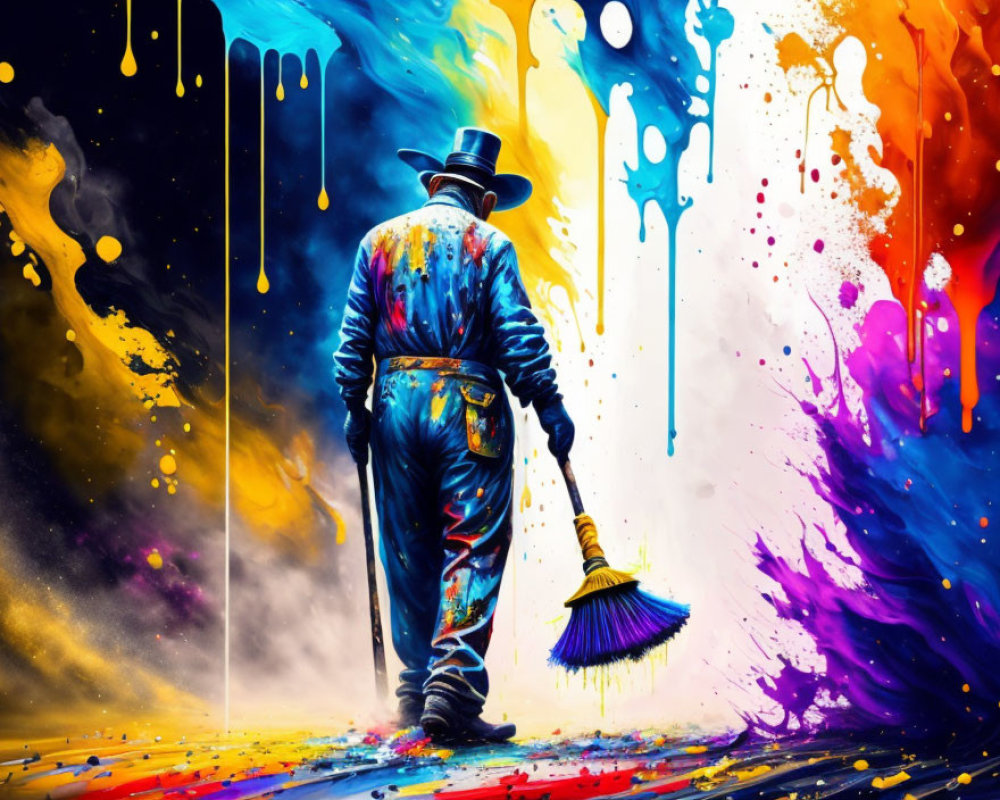 Colorful Artwork: Person in Hat and Overalls Holding Broom