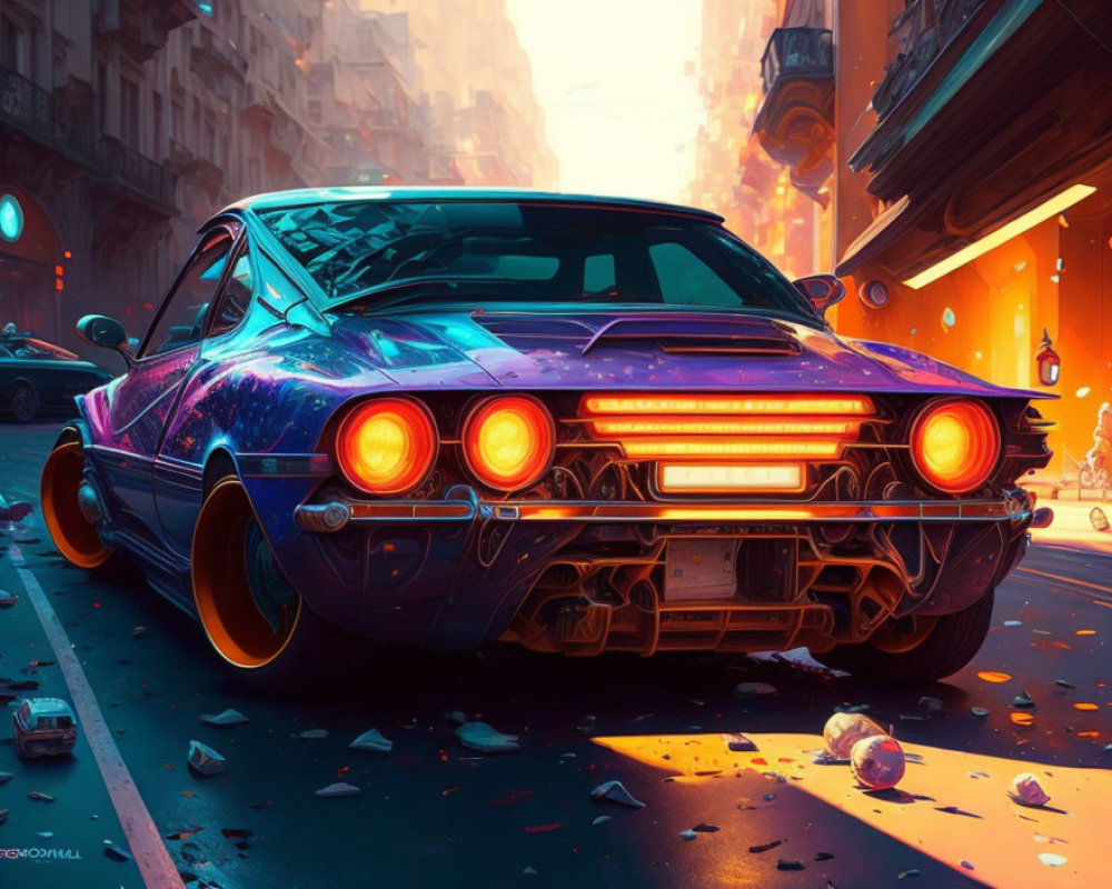 Blue Muscle Car Illustration in Neon-lit Cyberpunk City