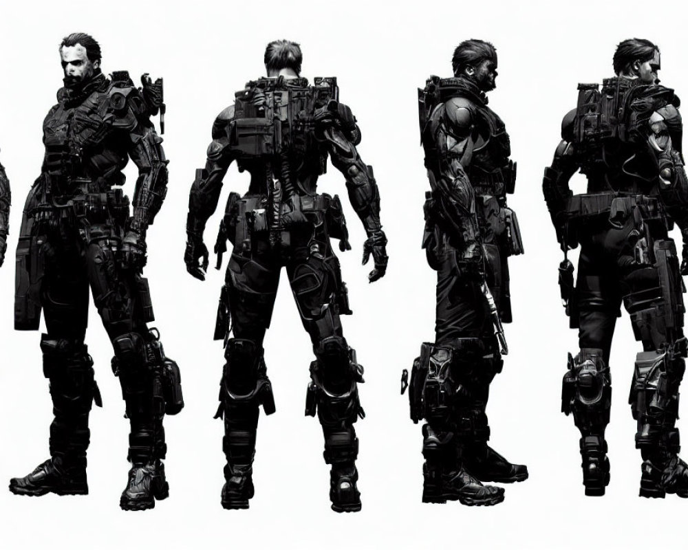 Person in Tactical Suit and Armor in Four Sequential Poses