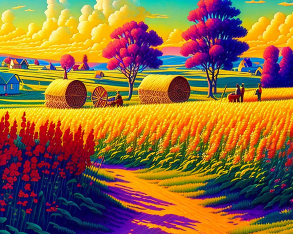 Colorful Rural Landscape Illustration with Hay Bales, Farm, Trees, and Clouds