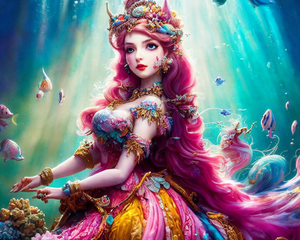 Fantasy mermaid with pink hair and jeweled crown, surrounded by colorful sea life in underwater scene