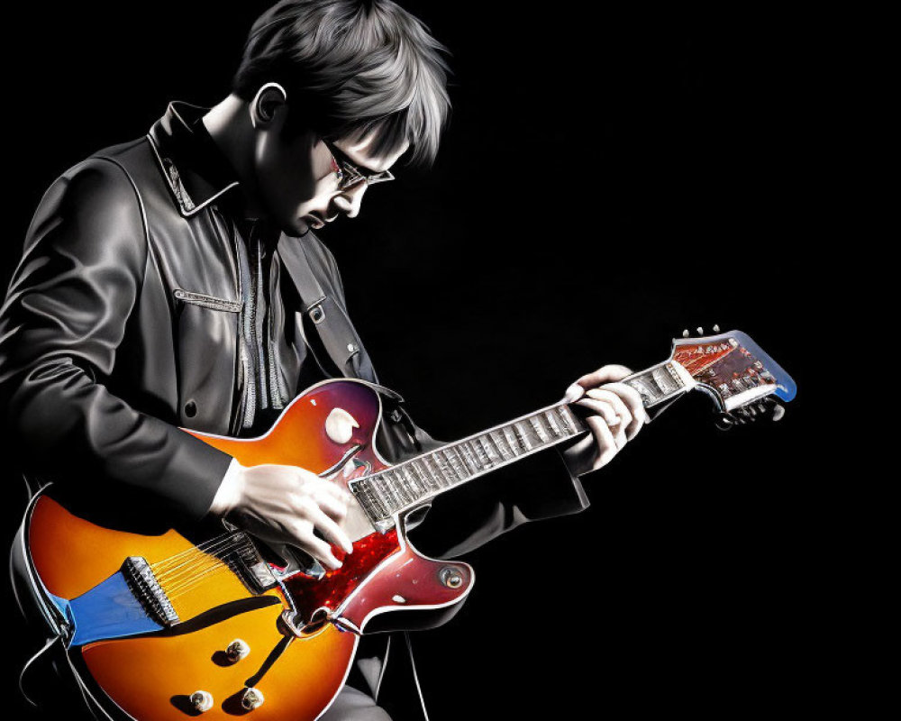 Musician playing electric guitar in black leather jacket and glasses