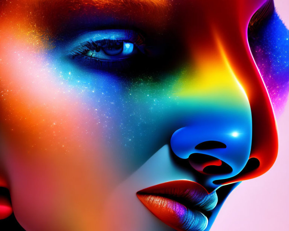 Vibrant neon colors on woman's face with cosmic starry effect