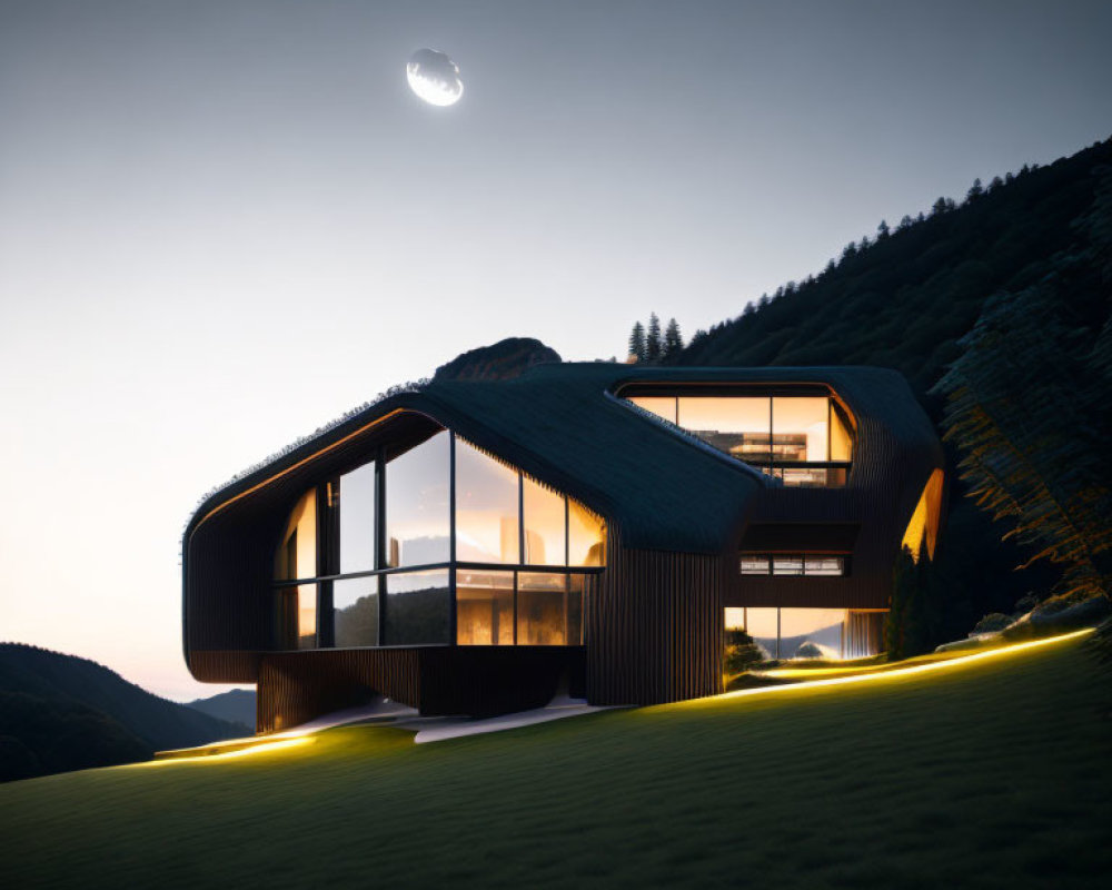 Modern House with Large Windows Illuminated at Twilight Over Hills and Moonlit Sky