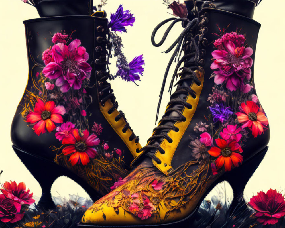 Floral Pattern Ankle Boots on Black and Yellow Gradient Background