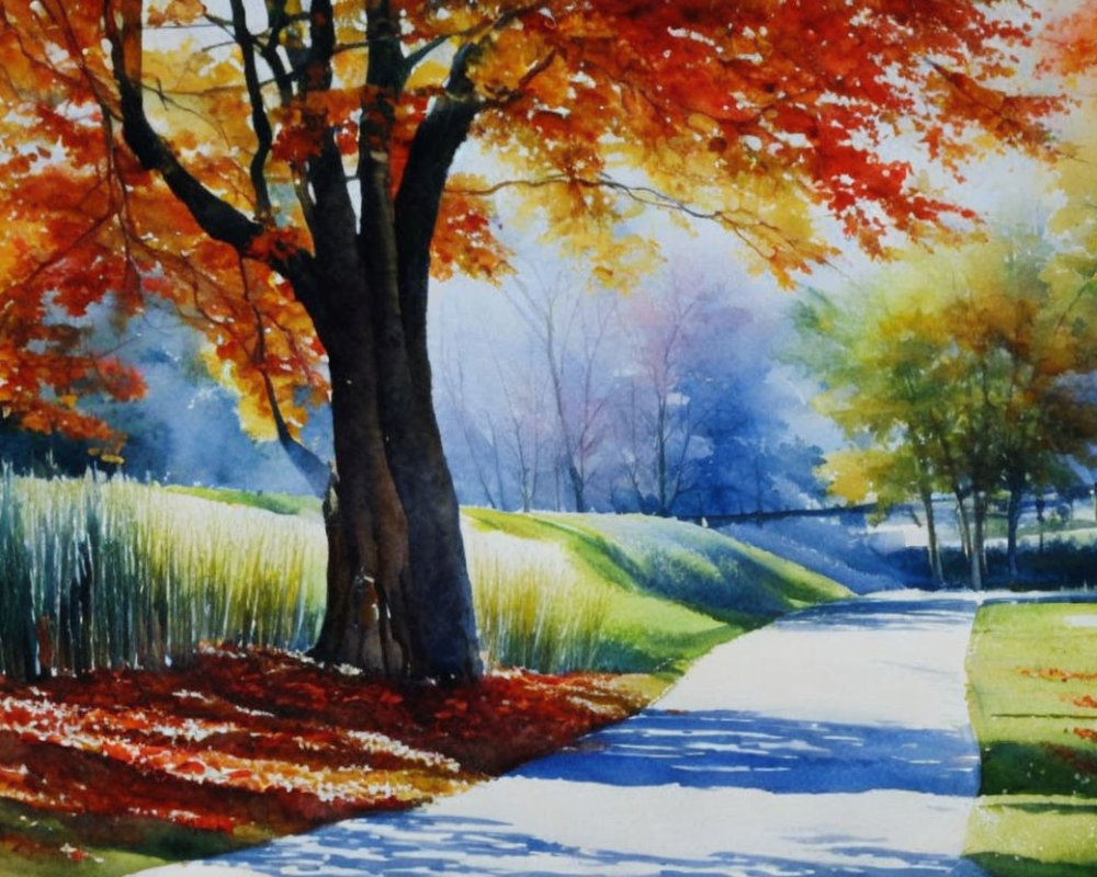 Scenic autumn park watercolor painting with pathway and colorful trees