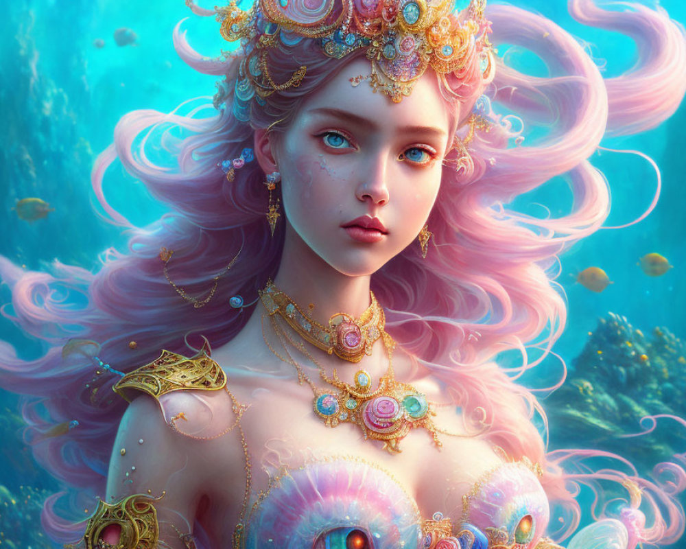 Fantasy illustration: Woman with pink hair, gold jewelry, underwater jellyfish scene