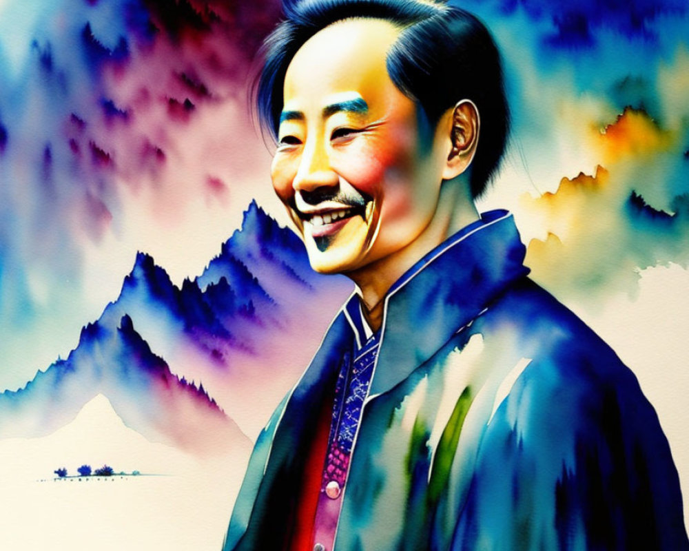 Colorful illustration: Smiling man in blue traditional attire with mustache.