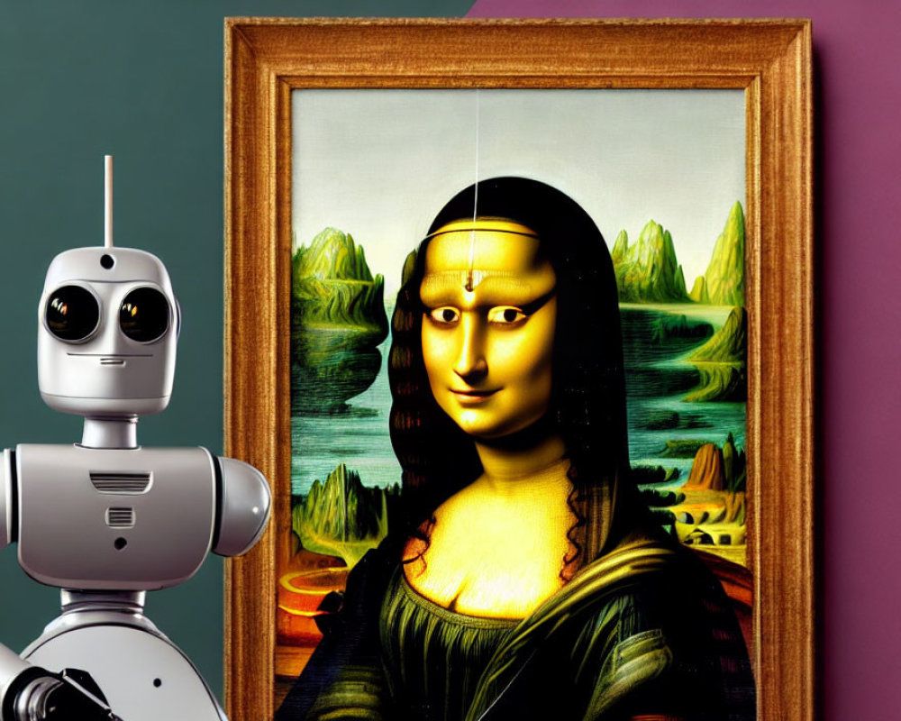 Robot observing Mona Lisa against teal background