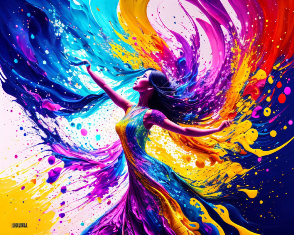 Colorful painting of woman with outstretched arms in swirling paint splashes