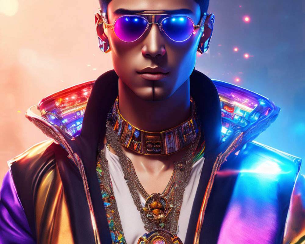 Colorful portrait with glowing sunglasses and futuristic jacket on neon background